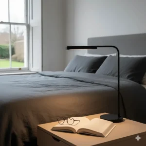 A minimalist matte black reading lamp on a contemporary British bedside table.