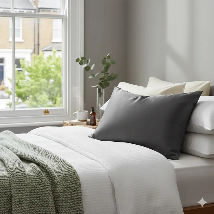 A charcoal grey mulberry silk pillowcase styled on a modern bed in a bright British bedroom, showcasing its smooth surface for healthy hair. silk pillowcases for hair