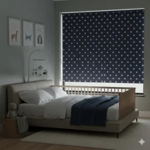 Child-safe blackout blinds with a star pattern, perfect for ensuring a good night’s sleep in a nursery.