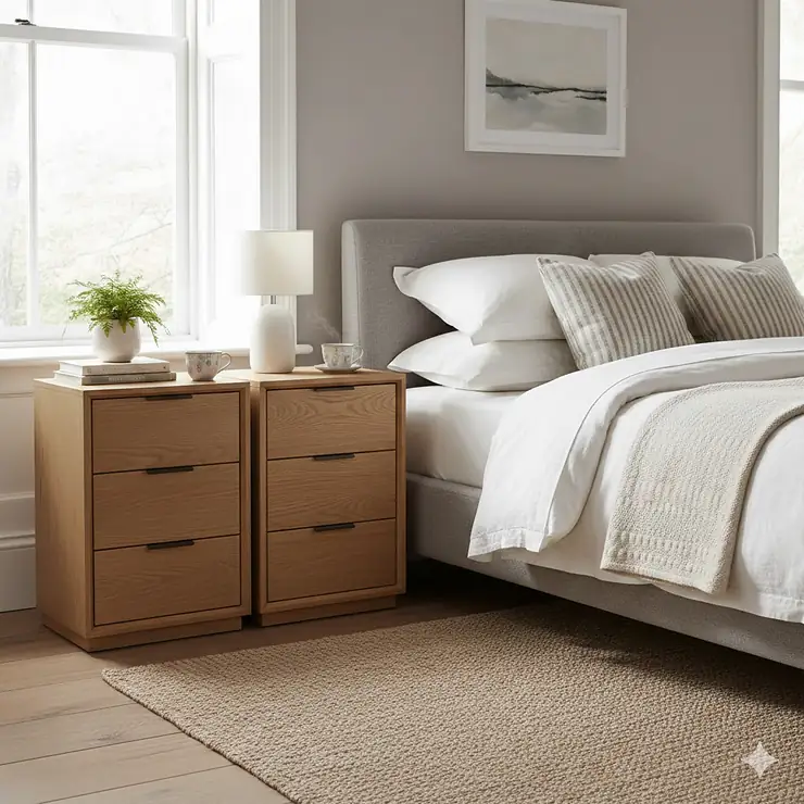 Two modern oak bedside tables with storage drawers styled in a bright British master bedroom. bedside tables with storage