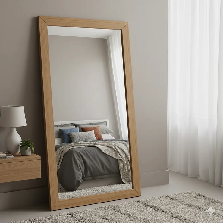 Alt text for image 1: A tall oak-framed full length mirror leaning against a neutral wall in a modern British bedroom. full length mirrors