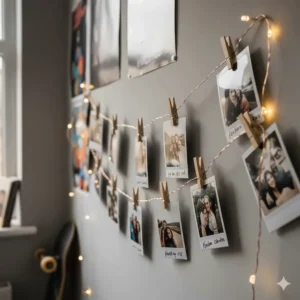 A personalised wall display with battery fairy lights holding Polaroid photos with wooden clips in a stylish bedroom.