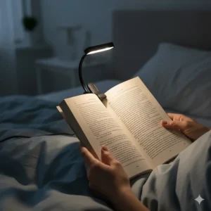 A lightweight LED book light clamped directly onto a paperback book for portable reading in bed.