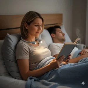 An ergonomic, hands-free neck light providing focused illumination for reading in bed without disturbing a partner.