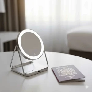 Compact, foldable travel vanity mirror with LED lights and a rechargeable battery, shown next to a standard UK passport for scale.