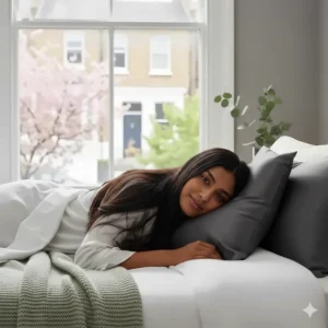 A smiling woman with long, smooth hair waking up on a silk pillowcase in a sunlit London townhouse bedroom.