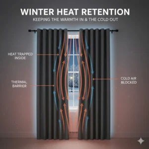 Illustration of thermal curtains preventing heat loss through a window during a cold UK winter.