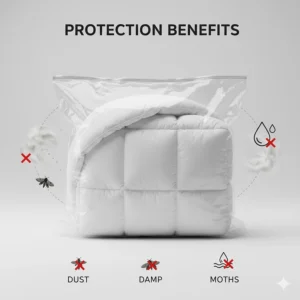Illustration showing a sealed duvet protected from common UK household issues like dust, damp, and moths.