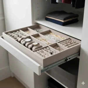 A velvet-lined pull-out tray acting as a wardrobe organiser for jewellery, watches, and cufflinks.