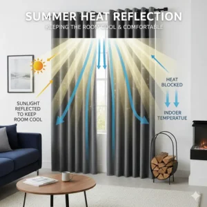 Graphic showing how thermal blackout curtains reflect solar gain to keep bedrooms cool during a British summer heatwave.