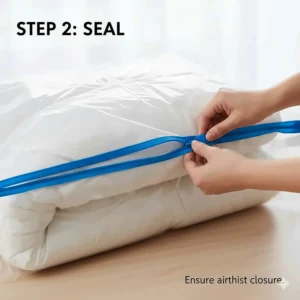 A person using a plastic slider to ensure an airtight seal on the dual-zip track of a heavy-duty bedding storage bag.