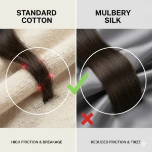 A side-by-side comparison diagram showing how standard cotton causes hair friction and breakage while mulberry silk allows hair to glide smoothly.