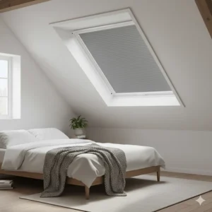 Integrated blackout blinds for a Velux skylight window in a bright loft conversion bedroom.