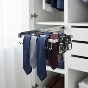 A compact sliding metal rack for organising ties and belts, providing an efficient wardrobe space saving solution.