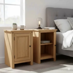 A pair of solid pine bedside tables with storage cupboards and a natural waxed finish.