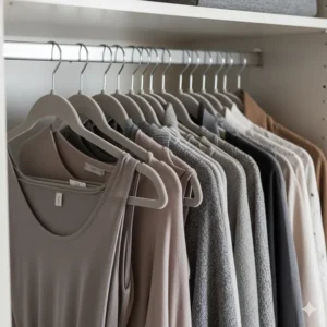 Multi-tier velvet hangers used as wardrobe organisers to save space on a crowded clothes rail.
