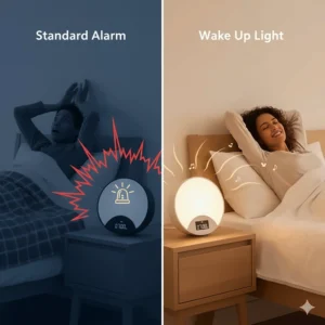 A side-by-side comparison showing the jarring experience of a loud standard alarm versus the calm, gradual light of a wake up light.