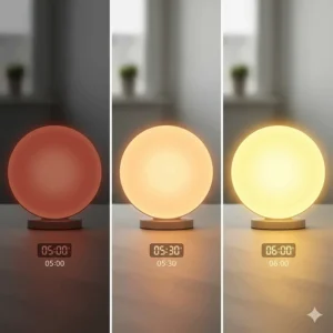 A three-stage sequence showing a wake up light alarm clock transitioning from a deep red dawn glow to a bright morning yellow.