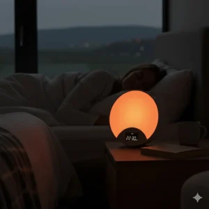 The sunset simulation feature on a bedside clock slowly dimming its amber light to help with a natural sleep routine at night.