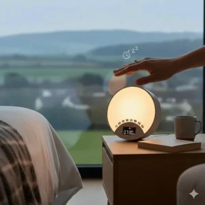 A person reaching out to tap the top of a glowing wake up light to activate the snooze function on a grey winter morning.