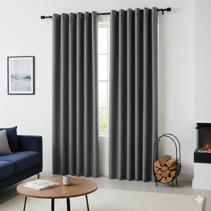Pair of thick grey thermal blackout curtains closed in a modern British living room to save energy and reduce heating bills. thermal blackout curtains energy saving