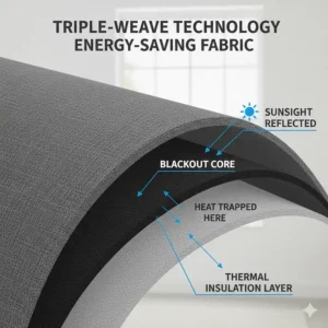 Diagram showing the triple-weave fabric layers of a thermal blackout curtain designed to trap heat and block light.