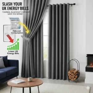 Concept art showing a reduction in household energy expenditure by using thermal blackout curtains to insulate windows.