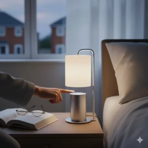 A modern dimmable touch-control bedside lamp ideal for easy adjustment while reading in bed.