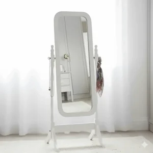 Alt text for image 2: Classic white wooden cheval mirror with an adjustable tilting stand for a dressing room.