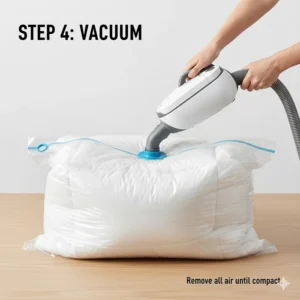 Demonstrating how to use a standard vacuum cleaner nozzle to remove air through the valve, compressing the duvet for compact storage.