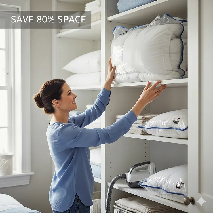 A woman organising a modern British linen cupboard by placing a vacuum-sealed king-size duvet onto a shelf to save 80% space. vacuum storage bags for duvets