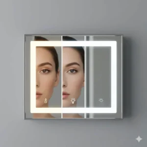 Close-up of a vanity mirror showing three colour temperature settings including warm white, neutral, and cool daylight for precise makeup application.