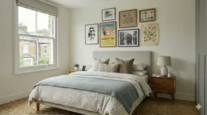 A collection of framed vintage film posters and monochrome photography used as characterful wall art above a bed.