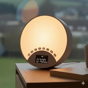 A close-up of a modern wake up light showing the digital time display and sleek touch controls for the integrated DAB radio.