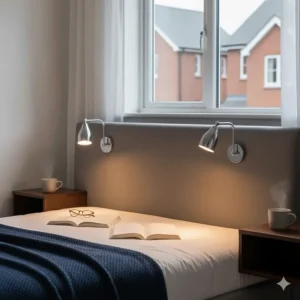 Space-saving chrome wall-mounted bedside lamps for reading, positioned above a headboard.