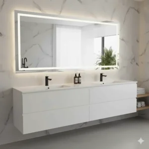 Alt text for image 4: Sleek frameless full length mirror mounted horizontally on a bathroom wall.