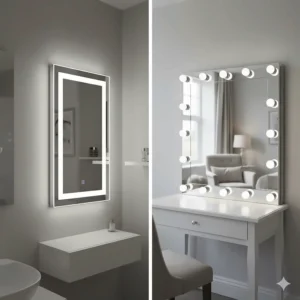 A sleek, wall-mounted vanity mirror with integrated LED strips, ideal for space-saving in smaller UK flats or dressing rooms.