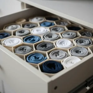 Fabric honeycomb drawer organisers used for neatly storing rolled socks and underwear in a bedroom chest of drawers.
