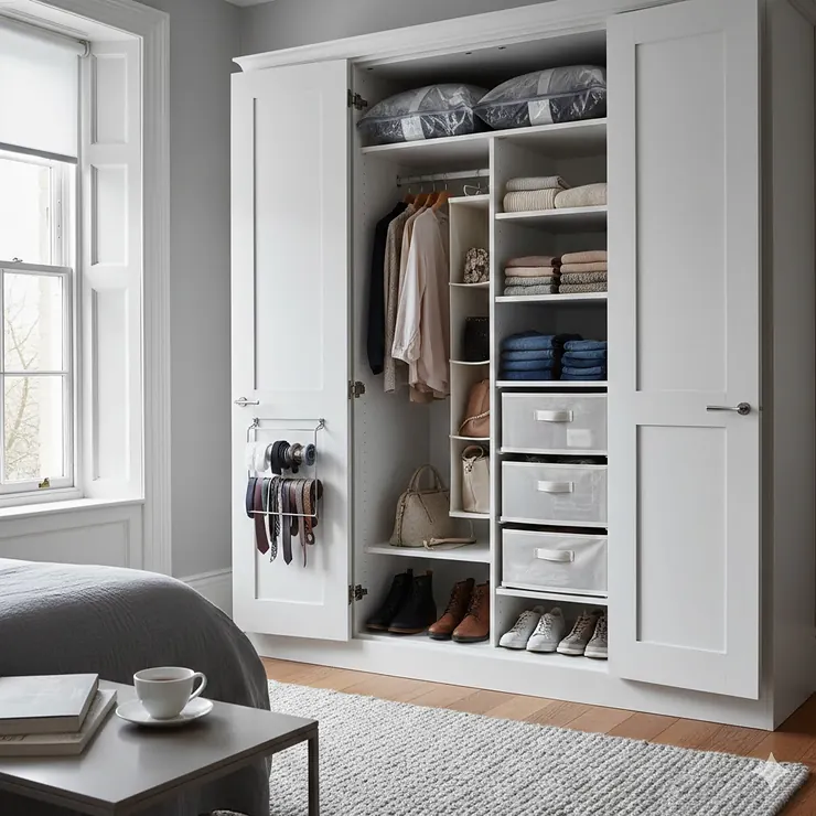 A modern built-in wardrobe using space saving organisers to neatly arrange clothes, shoes, and accessories in a UK home. wardrobe organisers space saving