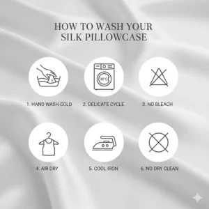 A clear care guide featuring British laundry symbols for washing silk pillowcases, including 30 degree delicate wash and cool iron instructions.