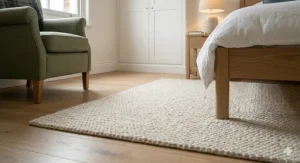 A soft wool area rug placed partially under a bed on light oak laminate flooring.