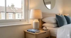 A pair of matching brushed brass bedside lamps providing warm ambient lighting on wooden nightstands.