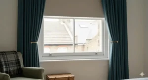 Floor-to-ceiling navy blackout curtains paired with neutral roller blinds to ensure a good night's sleep.