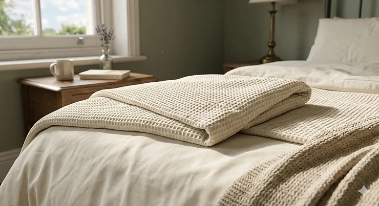 A luxurious quilted bedspread in a neutral tone styled on a king-size bed in a modern British master bedroom. best bedspreads