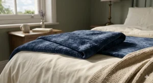 Close-up texture of a breathable 100% cotton bedspread in a classic waffle weave.