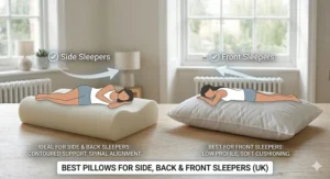 A guide showing memory foam is ideal for side sleepers and feather pillows for front sleepers.