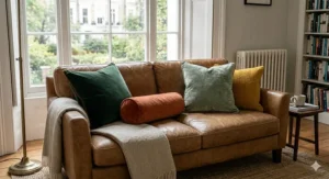 An inviting arrangement of plush velvet cushions and a wool herringbone throw on a leather sofa in a traditional British snug.