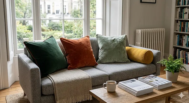 A curated selection of the best velvet cushions in jewel tones styled on a grey fabric sofa in a modern British living room. best velvet cushions