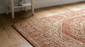 Geometric patterned cotton bedside rugs in terracotta and beige, styled in a bohemian-themed guest room.