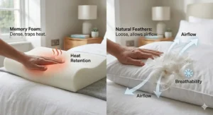 Diagram illustrating airflow through natural feathers versus heat retention often found in standard memory foam.